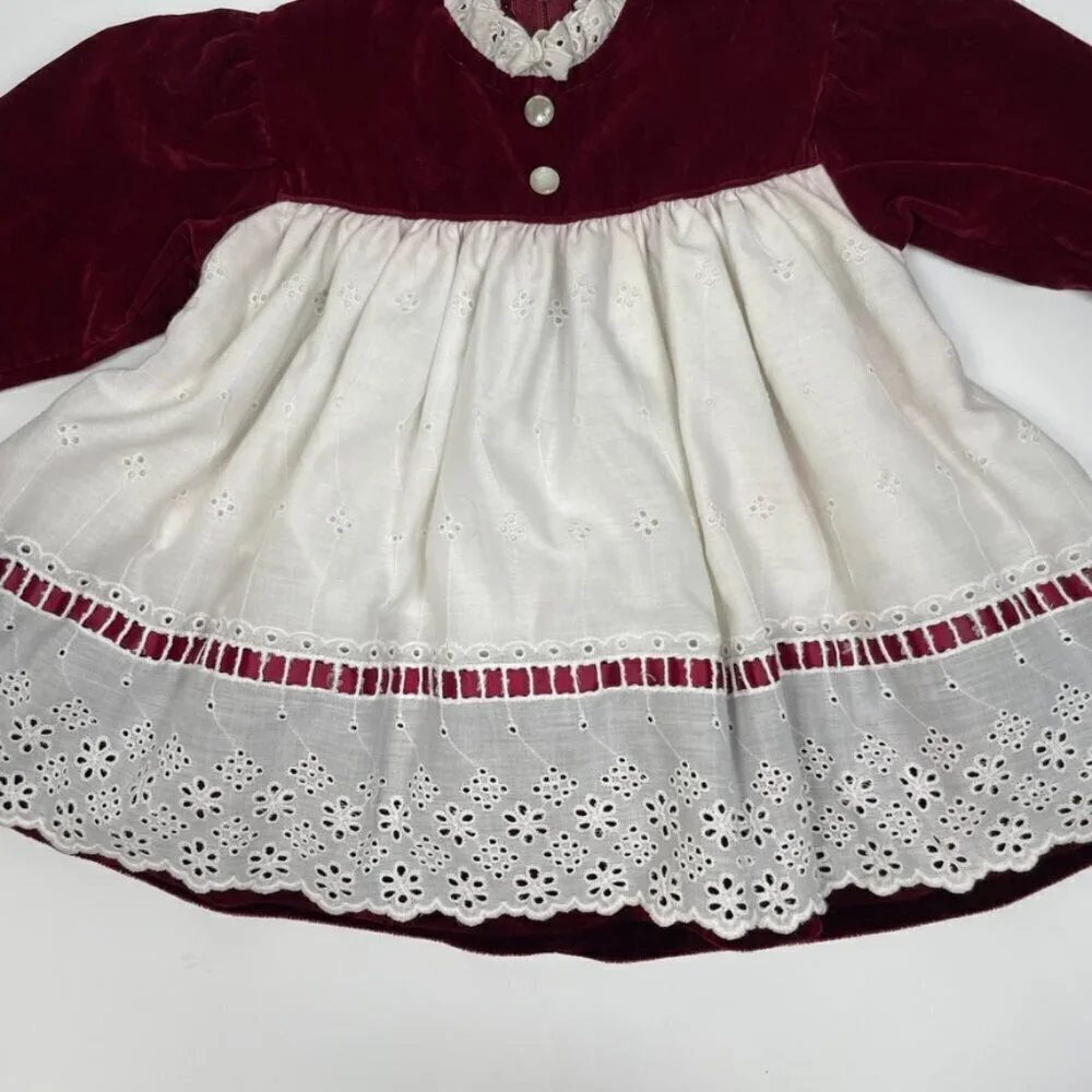 Vintage R-Gee Baby Maroon Velvet and White Eyelet Lace Christmas Dress Size 12M